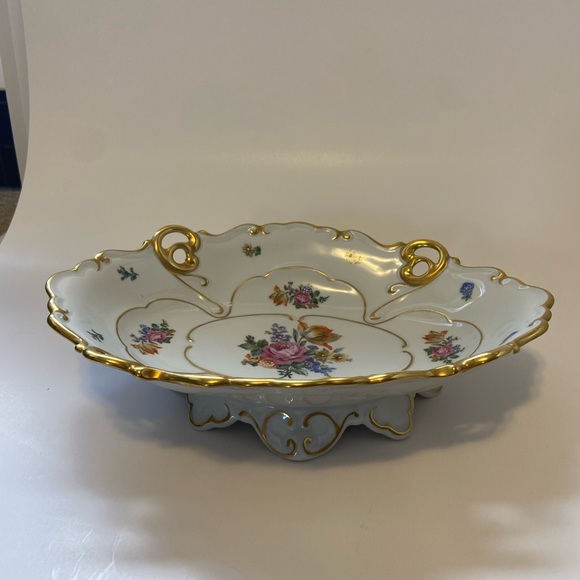 Vintage JLMeneau Graf Von Henneberg Floral & Gold Centerpiece Bowl 12" Long - Picture 8 of 16